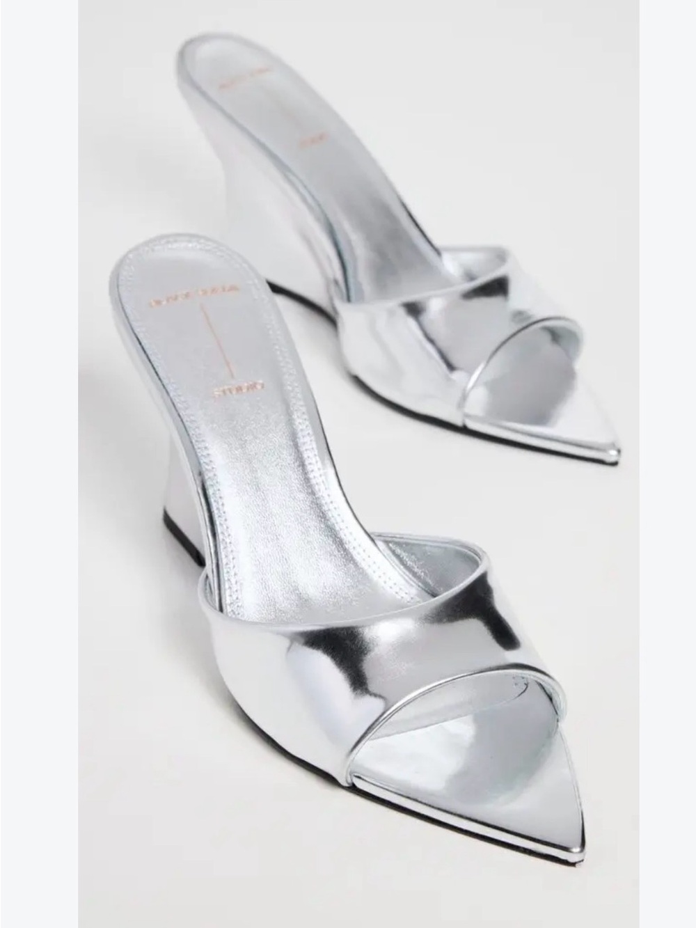 Black Sued Studio Metallic Silver Maeva Mules Wedge Sandals Pointy Toe Sz 38